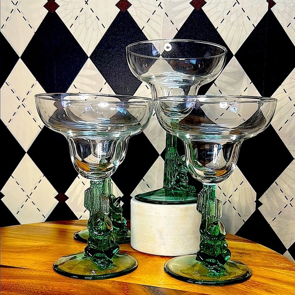Vintage Set of 4 Durand Cristal D’Arques Siesta Man Margarita Glass| Cactus Stem - Picture 11 of 11